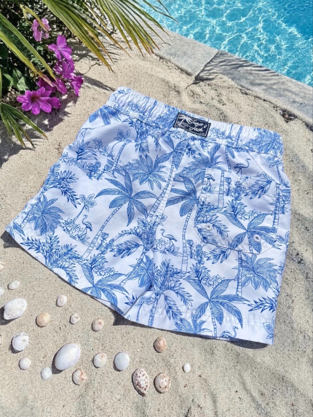 Janie and Jack Blue and White Palm Swim Shorts